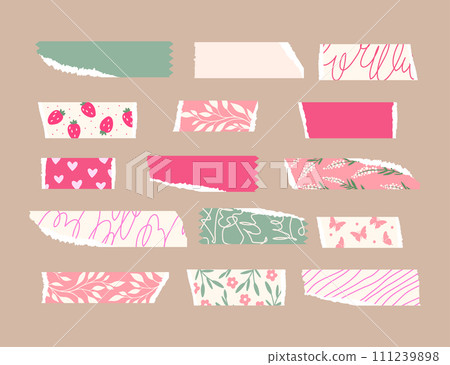 Cute Tape Strip Washi Ripped Paper Collection. Scrapbook Floral Kids Element 111239898
