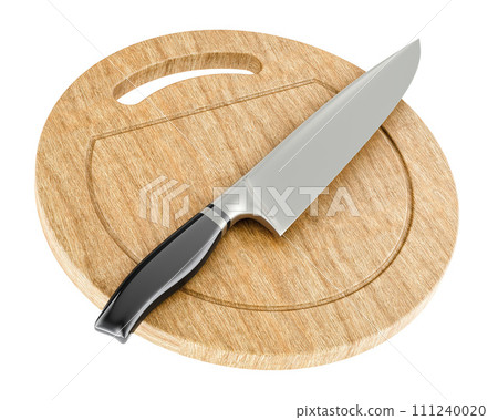 Chefs knife with wood cutting board for chopping. 3D rendering 111240020