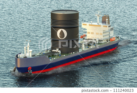 Oil tanker sailing in ocean with big oil barrel, 3D rendering 111240023