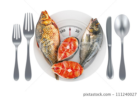 Fresh fish on the plate with weight scale. Healthy and dieting food. 3D rendering 111240027
