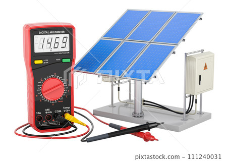 Solar panels with digital multimeter, 3D rendering 111240031