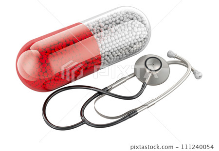 Stethoscope with medicament capsule. 3D rendering 111240054