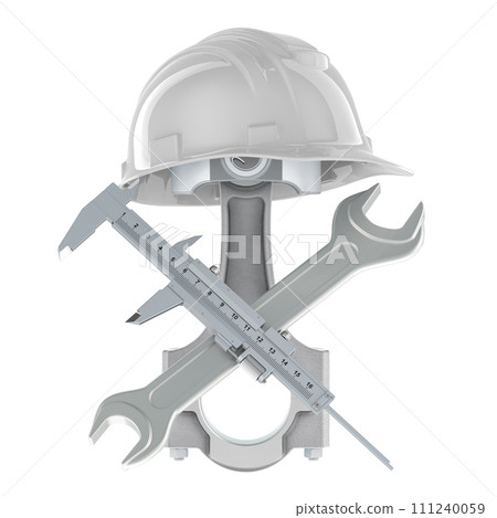 Auto service, concept. Engine piston, micrometer and wrench with micrometer, 3D rendering 111240059