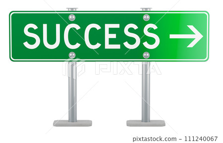 Success, concept. Green road sign with success inscription, 3D rendering Success, concept. Green road sign with success inscription, 3D rendering 111240067