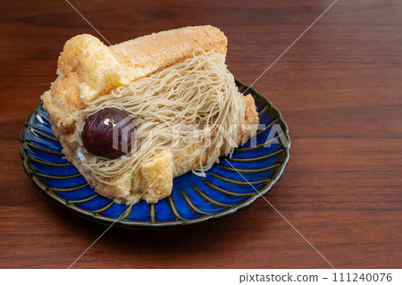 Japanese chestnut Mont Blanc cake overhead view Japanese chestnut Mont Blanc cake overhead view 111240076