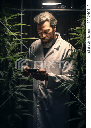 Caucasian man in a robe researching cannabis. 111240143