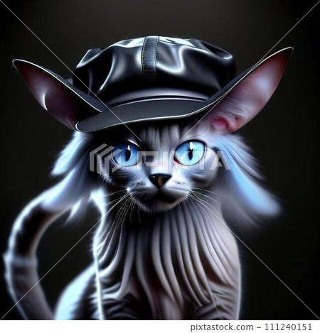 AI-generated content. Cute cat with big blue eyes and big ears, wearing a hat. 111240151