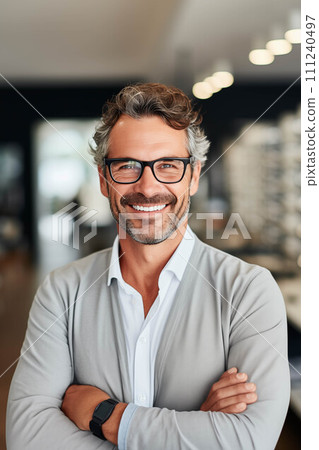 Caucasian man tries on glasses in an eyeglasses store. 111240497