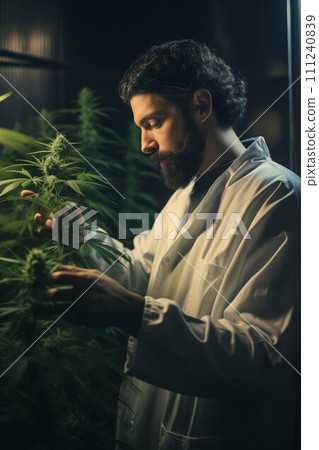 Caucasian man in a robe researching cannabis. 111240839
