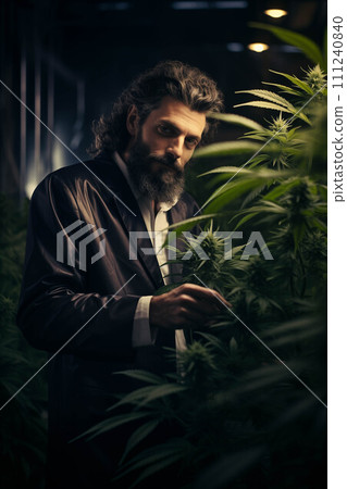 Caucasian man in a robe researching cannabis. 111240840