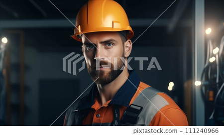 Caucasian male electrician in uniform working on generator. 111240966