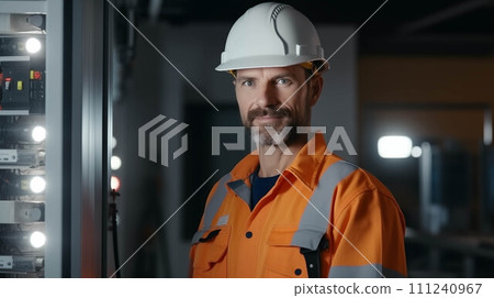 Caucasian male electrician in uniform working on generator. Caucasian male electrician in uniform working on generator. 111240967