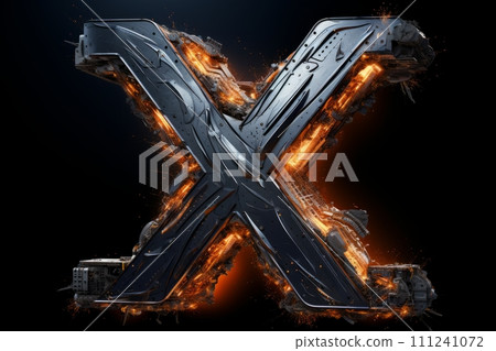 AI-generated content. Volumetric capital letter X made of metal. Effect of metal heated for forging, with flames, sparks and smoke. Workpiece for spectacular 3D text. Mockup. Isolated on black. 111241072