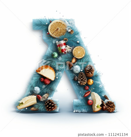 AI-generated content. Volumetric capital letter V, decorated in a festive Christmas and New Year style. Christmas tree decorations, balls, cones, candy canes. Mockup for Christmas banner or background 111241134