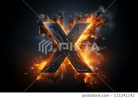 AI-generated content. Volumetric capital letter X made of metal. Effect of metal heated for forging, with flames, sparks and smoke. Workpiece for spectacular 3D text. Mockup. Isolated on black. 111241142