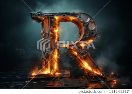 AI-generated content. Volumetric capital letter R made of metal. Effect of metal heated for forging, with flames, sparks and smoke. Workpiece for spectacular 3D text. Mockup. Isolated on black. 111241217