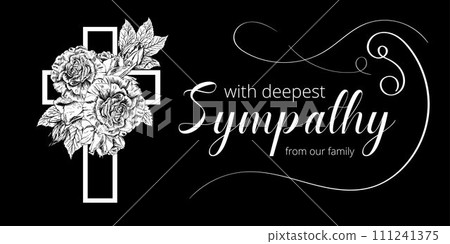 Modern condolences card with sketch of roses flowers. Memories and funeral template design. Hand drawn floral arrangement. For flyers, invitations. Black background. banner Modern condolences card with sketch of roses flowers. Memories and funeral template design. Hand drawn floral arrangement. For flyers, invitations. Black background. banner 111241375