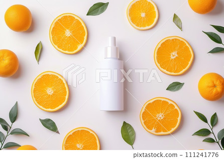 Cosmetic bottle and cut oranges fruit on biege background. For skin care, spa, massage, aromatherapy and natural medicine Cosmetic bottle and cut oranges fruit on biege background. For skin care, spa, massage, aromatherapy and natural medicine 111241776