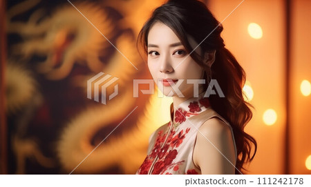 Beautiful Chinese woman wearing a cheongsam. Beautiful Chinese woman wearing a cheongsam. 111242178
