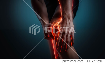 Closeup young man holding his knee, leg injury. 111242291