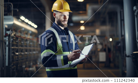 Asian man checking work equipment in generator room. 111242340