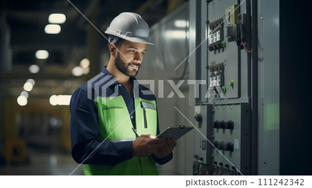 Asian man checking work equipment in generator room. Asian man checking work equipment in generator room. 111242342
