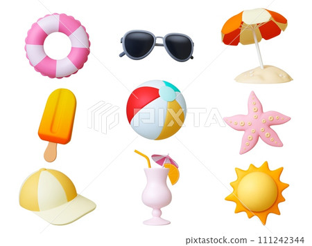 Travel beach 3d render icons. Summer realistic elements, isolated ice cream, cocktail and sun umbrella. Holidays on sea, star fish and ball, pithy vector set 111242344