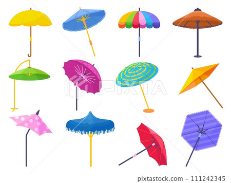 Beach umbrellas. Isolated cartoon parasols, umbrella with stripes and dots. Outdoor sun protective accessories, beach rest neoteric vector elements Beach umbrellas. Isolated cartoon parasols, umbrella with stripes and dots. Outdoor sun protective accessories, beach rest neoteric vector elements 111242345