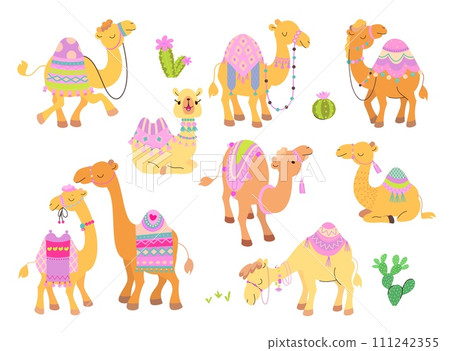 Camels characters cartoon set. Desert animals, funny camel with carpet and saddle. Arabian animal, children cute nowaday vector collection Camels characters cartoon set. Desert animals, funny camel with carpet and saddle. Arabian animal, children cute nowaday vector collection 111242355