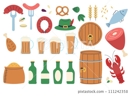 Oktoberfest set. Glasses and bottles of beer, food and accessories. Drink party elements, isolated barrels, seafood and meat, decent vector clipart Oktoberfest set. Glasses and bottles of beer, food and accessories. Drink party elements, isolated barrels, seafood and meat, decent vector clipart 111242358