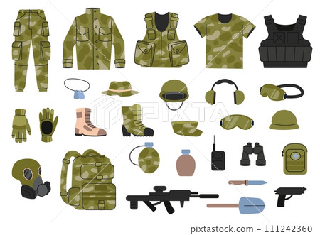 Military equipment. Soldiers uniform, camouflage clothing and tools. Boots, backpack and weapon, gas mask and binoculars. Decent vector tools icons 111242360