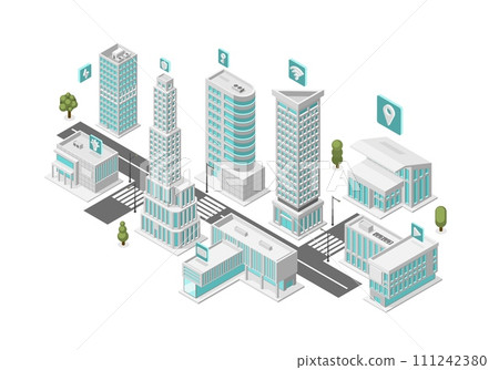Isometric smart city, digital suburb with free internet and navigation system. Technologies in town, modern urban skyscrapers, flawless vector concept Isometric smart city, digital suburb with free internet and navigation system. Technologies in town, modern urban skyscrapers, flawless vector concept 111242380
