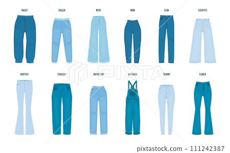 Female jeans styles. Women stylish denim pants various models. Slim and boyfriend, mom and skinny jean. Casual girl wear, snugly vector set Female jeans styles. Women stylish denim pants various models. Slim and boyfriend, mom and skinny jean. Casual girl wear, snugly vector set 111242387