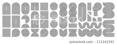 Line geometric arch and circle abstract shapes. Contemporary mid century line design set. Modern boho aesthetic stripes and grids. Bauhaus memphis swiss design vector illustration with editable stroke Line geometric arch and circle abstract shapes. Contemporary mid century line design set. Modern boho aesthetic stripes and grids. Bauhaus memphis swiss design vector illustration with editable stroke 111242391