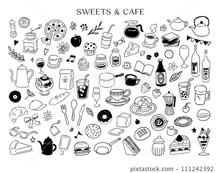 Line drawing illustration of cafe and sweets Line drawing illustration of cafe and sweets 111242392