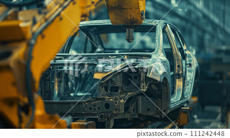A mechanical arm welds a car frame in a factory. 111242448