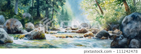 Watercolor paintings of nature, forests, mountains, waterways. 111242478