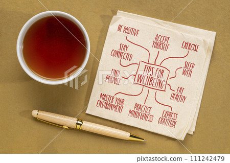 tips for wellbeing - infographics or mind map sketch on napkin, healthy lifestyle concept 111242479