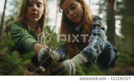 Caucasian mother and daughter planting trees in the forest. 111242527
