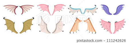 Cartoon dragon wings. Webbed parts of mythical animals. Fairy tale flying creatures elements. Fantasy reptiles. Vampire bat fly. Carnival costume. Halloween evil monster. Garish vector set 111242626