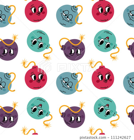 Cartoon funny bombs seamless pattern. Repeated explosives with burning wicks and faces in retro animation style. Cartoon dynamite characters. Grenade detonation. Garish vector background Cartoon funny bombs seamless pattern. Repeated explosives with burning wicks and faces in retro animation style. Cartoon dynamite characters. Grenade detonation. Garish vector background 111242627