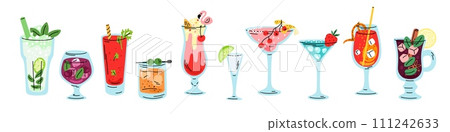Cocktail drinks. Different alcoholic beverages. Popular bar menu. Various glasses. Exotic ingredients. Ice cubes and straw. Fresh tropical juice. Daiquiri and margarita. Garish vector set Cocktail drinks. Different alcoholic beverages. Popular bar menu. Various glasses. Exotic ingredients. Ice cubes and straw. Fresh tropical juice. Daiquiri and margarita. Garish vector set 111242633