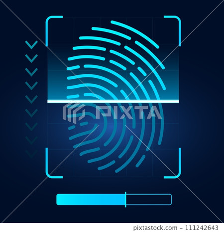 Electronic fingerprint scanning. Biometric data identification process. Authorization technology. Security screening method. Futuristic privacy system. Thumbprints scanner. Vector concept Electronic fingerprint scanning. Biometric data identification process. Authorization technology. Security screening method. Futuristic privacy system. Thumbprints scanner. Vector concept 111242643