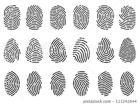 Finger prints. Different scanning fingerprints. Human ID pictograms. Security authentication. Thumbprints scanner. Criminal evidence. Identification sign. Biometric data icons vector set 111242644