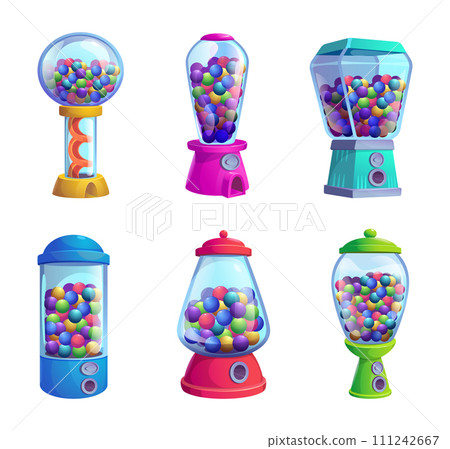 Candy machine. Vending sweets and colored gum for kids exact vector illustrations 111242667