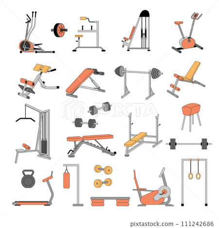 Gym equipment. Sport tools for exercises fitness set of barbells and dumbbells recent vector flat style illustrations Gym equipment. Sport tools for exercises fitness set of barbells and dumbbells recent vector flat style illustrations 111242686