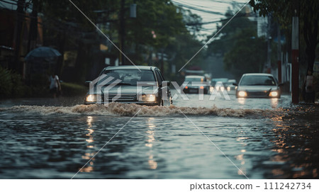 Cars were traveling on flooded roads in the city. Cars were traveling on flooded roads in the city. 111242734