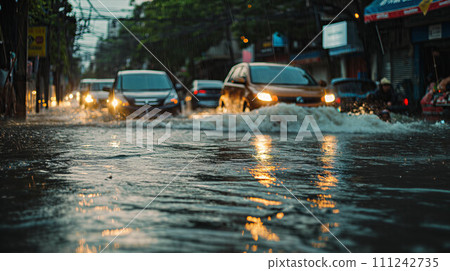 Cars were traveling on flooded roads in the city. Cars were traveling on flooded roads in the city. 111242735