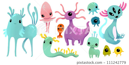 Cute cartoon monsters with paws and horns. Funny character children illustration clipart 111242779