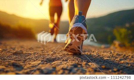 Closeup of running shoes in nature Mountain river at sunset. 111242798